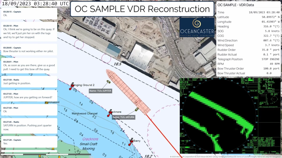 Screenshot showing a VDR Reconstruction from OC SAMPLE with radar overlay, instrumentation, and transcriptions.